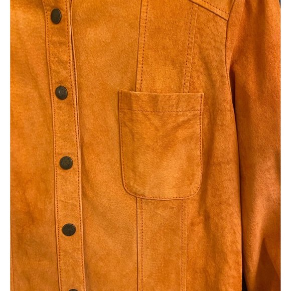 Coldwater Creek Shirt Women's Medium Orange 100% Leather Snap Closure Shacket - Picture 6 of 9